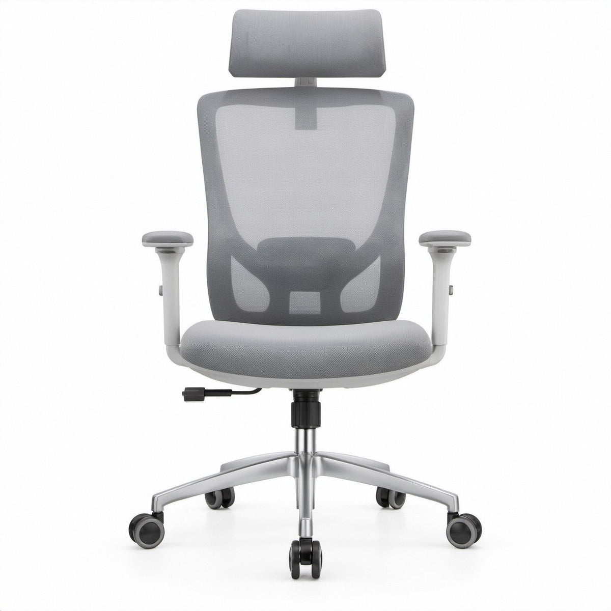 Gray and Silver Ergonomic Mesh Chair with Adjustable Headrest, 25.6 x 25.6 x 45.3-49.2 in