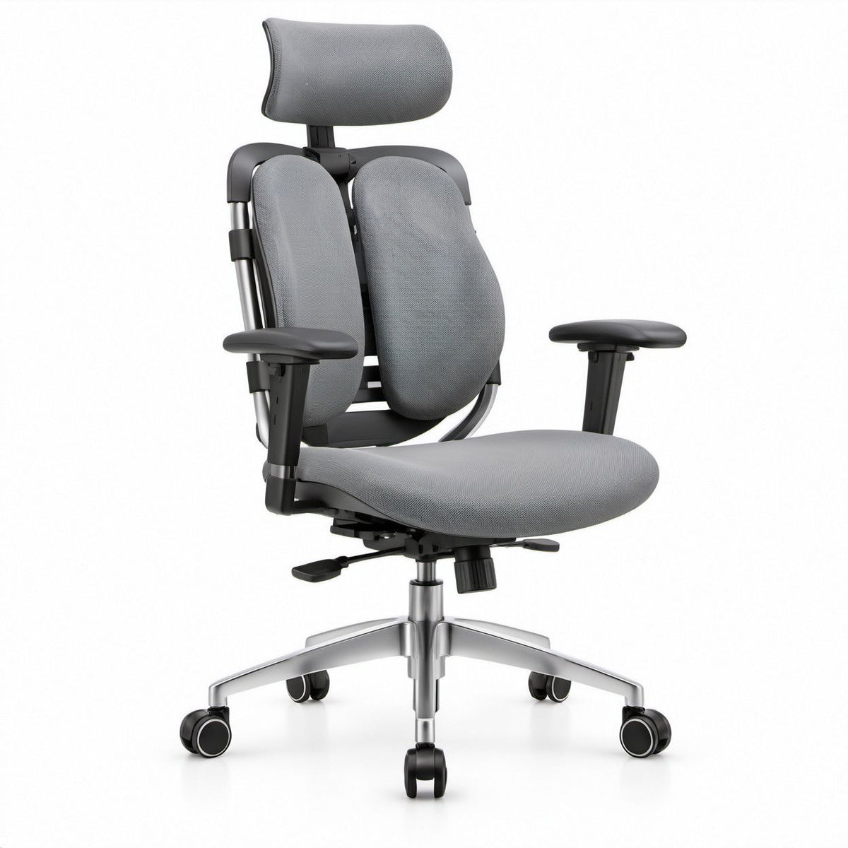 Gray Ergonomic Mesh Office Chair with Adjustable Headrest, Lumbar Support, Armrests and Aluminum Base, 26.8 x 26.8 x 46.5-52.4 in