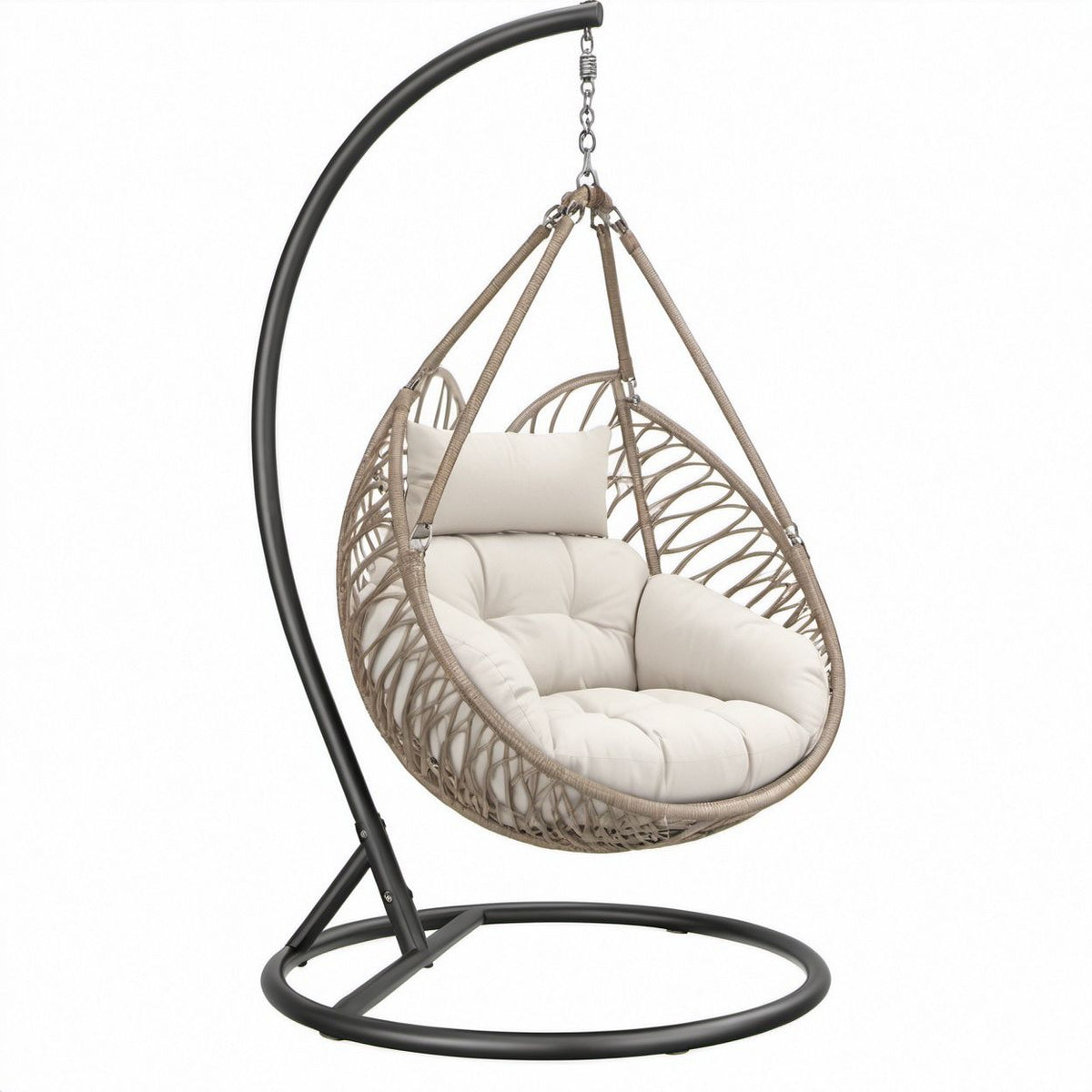 Beige and Black PE Rattan Hanging Egg Chair with Steel Stand, 41.3 x 41.3 x 76.8 in