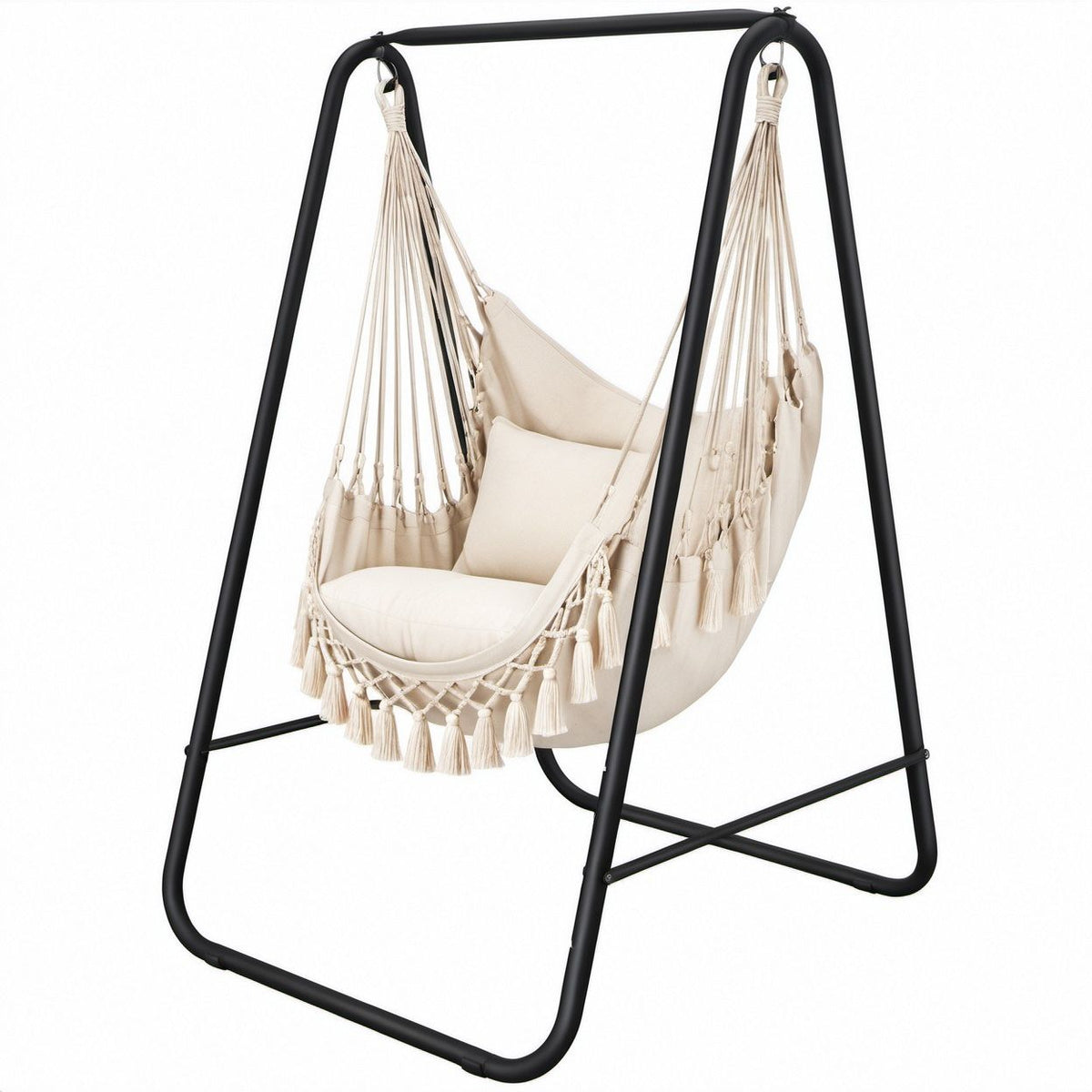 Cream Cotton Canvas Hanging Hammock Chair with Black Steel Stand, 43.3 x 39.4 x 78.7 in