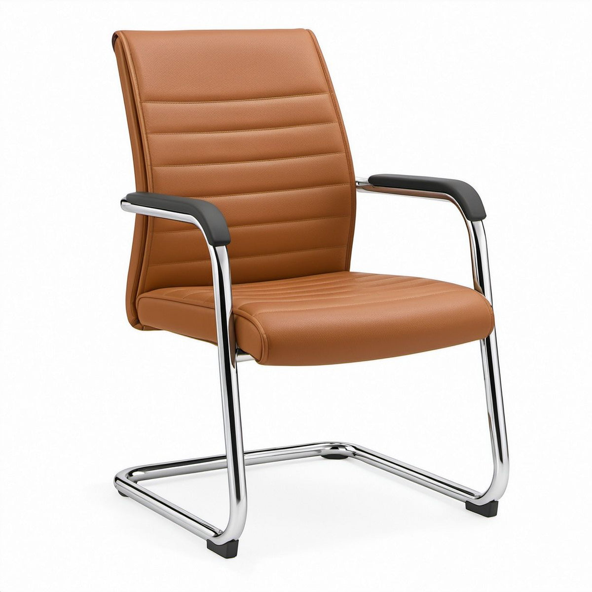 Tan PU Leather Chair with Chrome Steel Sled Base and Black Arm Pads, 24.4 x 25.6 x 39.0 in