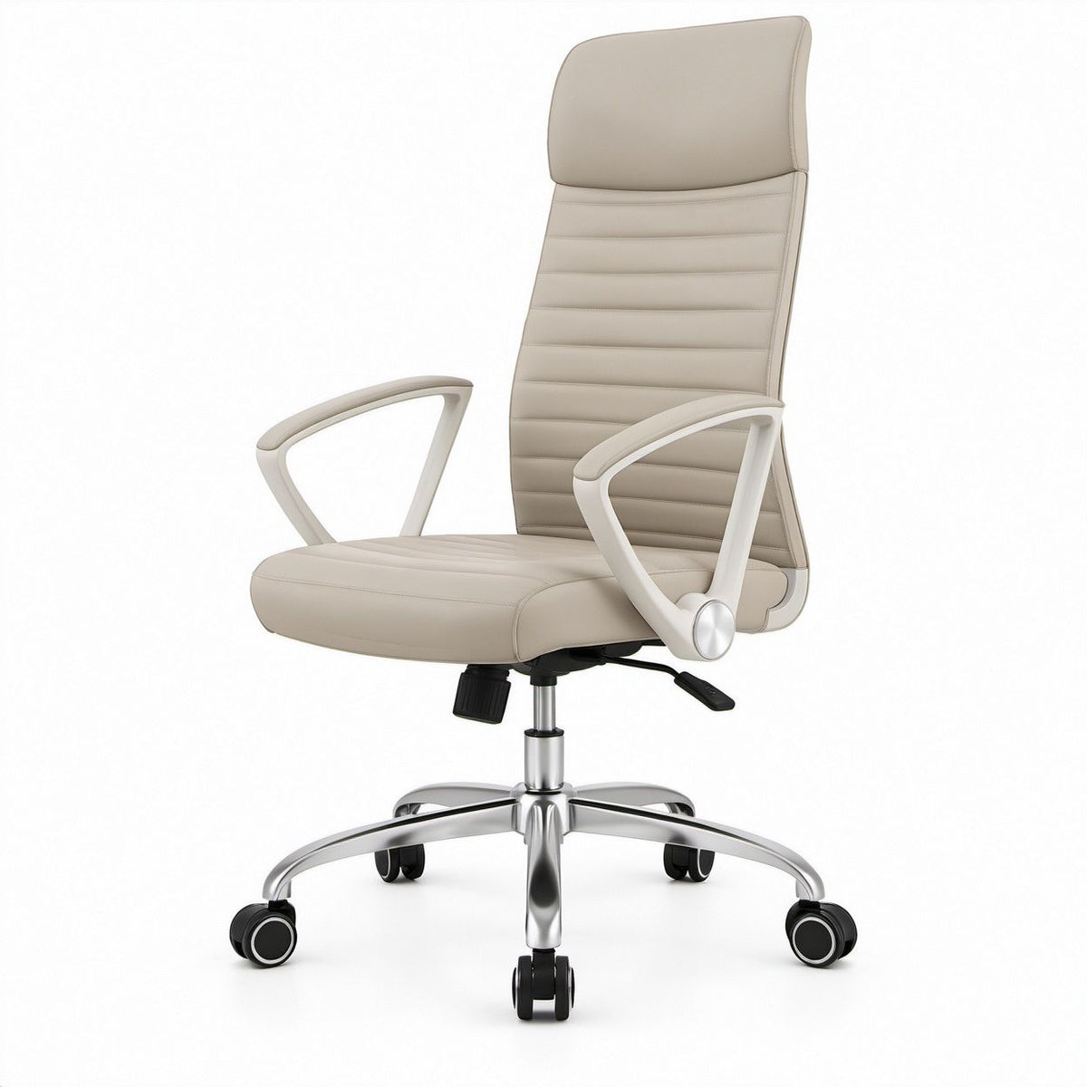 Beige PU Leather High-Back Swivel Office Chair with Fixed Arms, 25.6 x 25.6 x 45.7-49.6 in