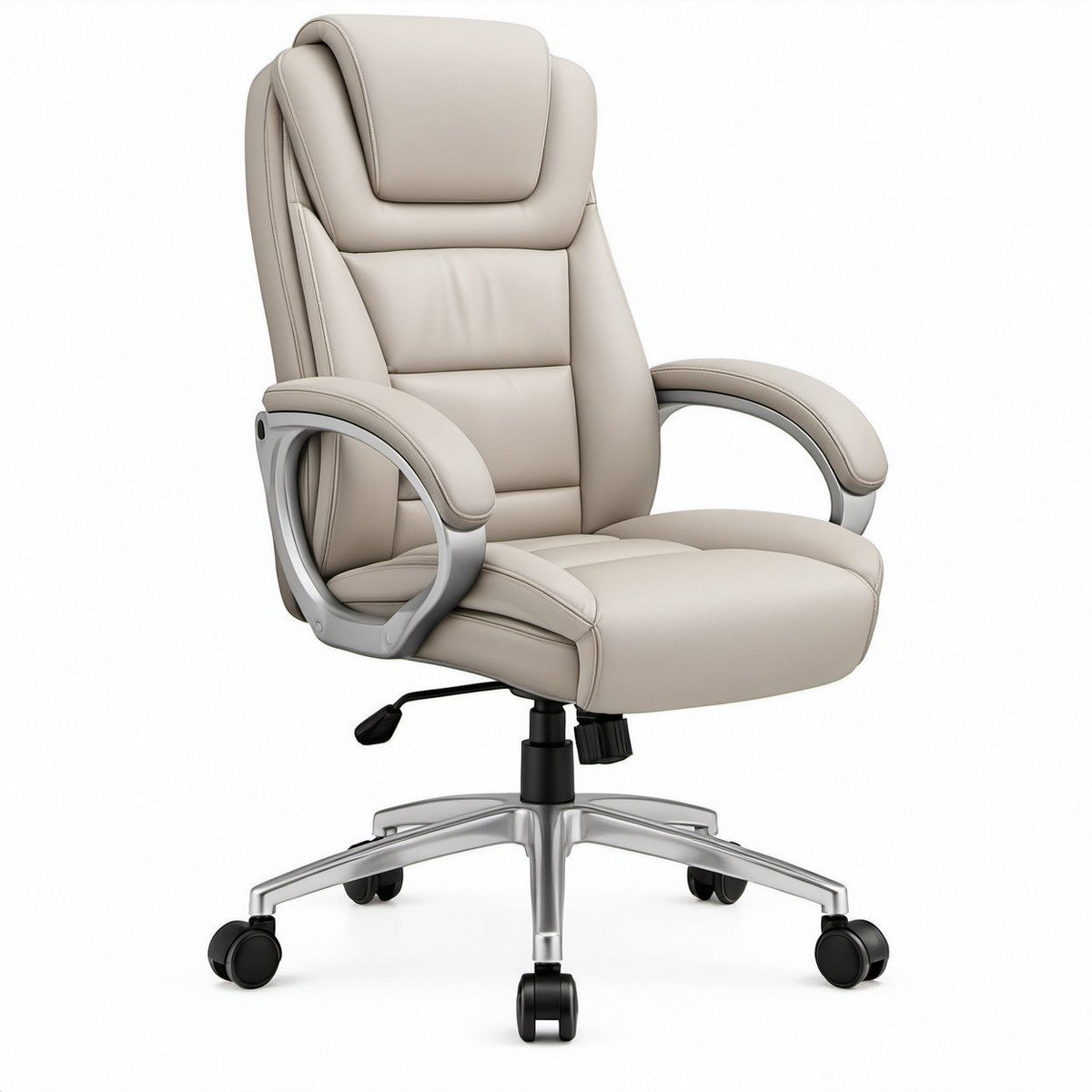 Beige PU Leather High-Back Executive Swivel Chair, Adjustable Recline, 27.6 x 27.6 x 45.7-49.6 in