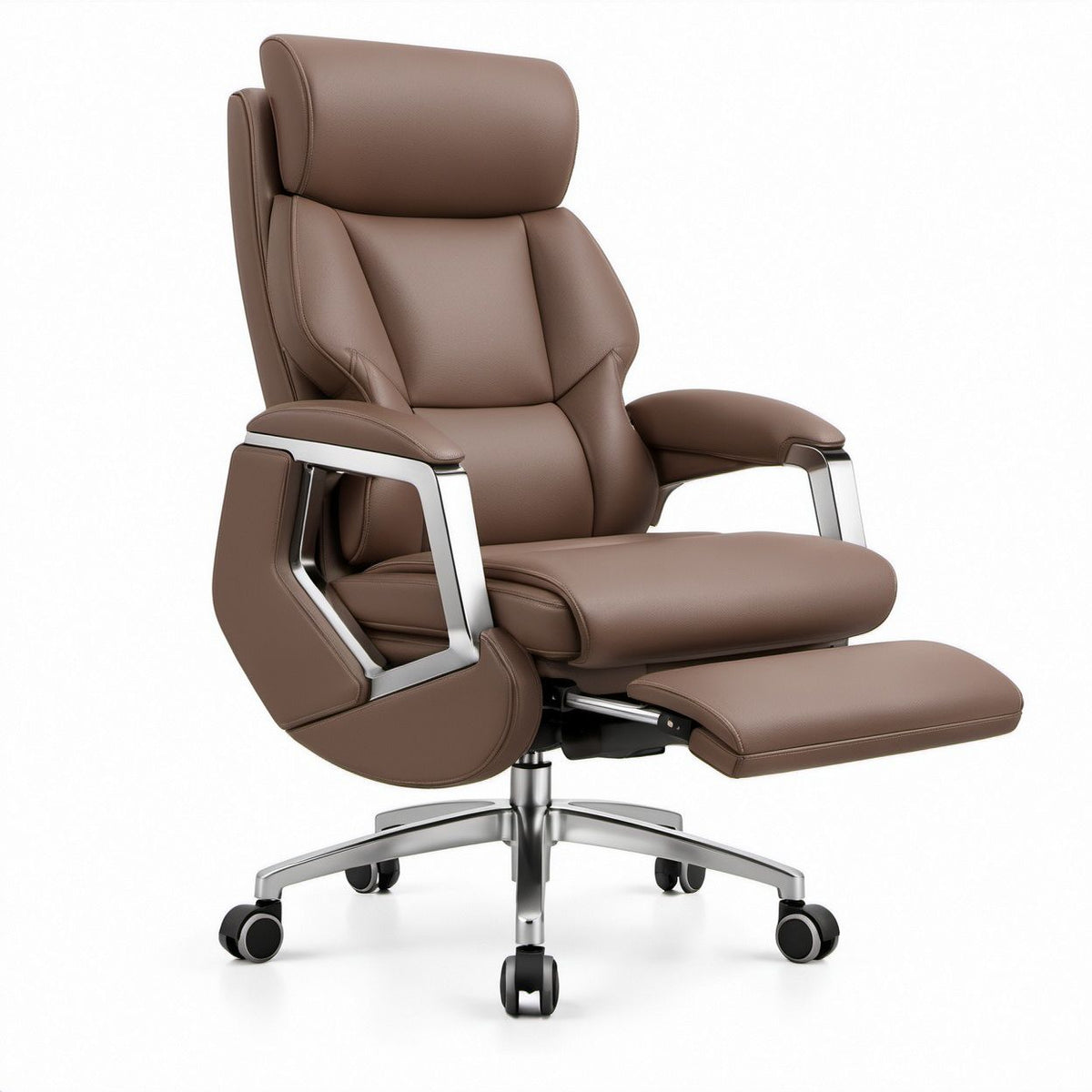 Brown PU Leather Executive Office Chair with Retractable Footrest, 28.3 x 28.7 x 45.3-49.2 in