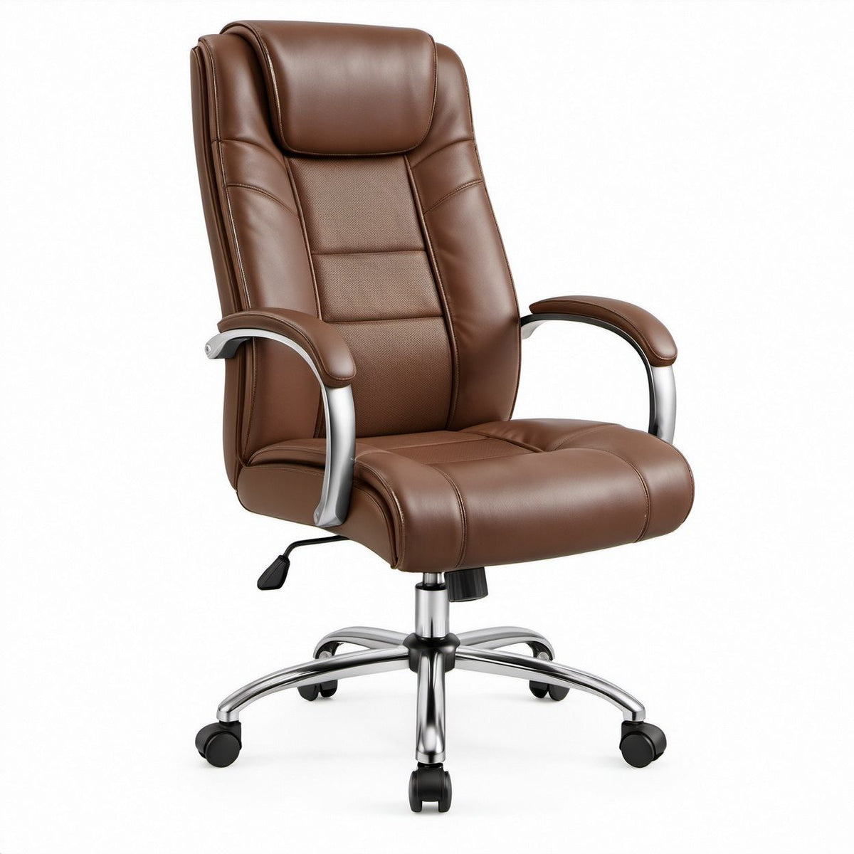 Brown PU Leather High-Back Executive Swivel Chair with Chrome Base, 26 x 29 x 45-49 in