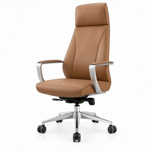 High-Back Brown PU Leather Swivel Chair with Aluminum Base, 26.8 x 27.6 x 47.2-51.2 in