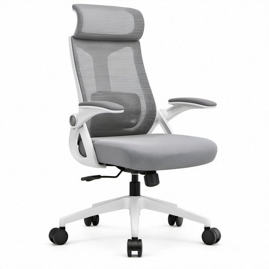 Ergonomic High-Back Mesh Office Chair with Curved Headrest, Gray/White, 26.4 x 26.4 x 46.5-50.4 in