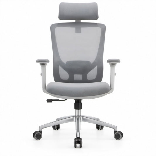 Gray and Silver Ergonomic Mesh Chair with Adjustable Headrest, 25.6 x 25.6 x 45.3-49.2 in
