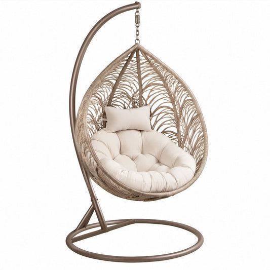 Brown, Beige and Cream PE Rattan Hanging Egg Chair with Steel Stand, 43.3 x 43.3 x 77.2 in