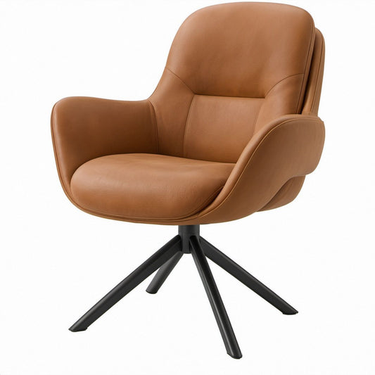 Tan PU Leather Swivel Dining Chair with Arms, Black Steel Base, 26 x 25 x 34 in