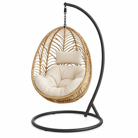 Oval Hanging Egg Chair with Stand, Natural PE Rattan, Black Steel and Cream Cushions, 105 x 105 x 195 cm