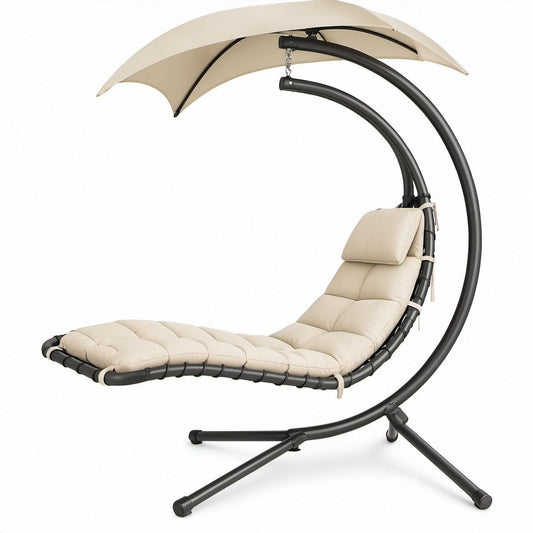 Outdoor Hanging Chaise Lounge Chair with Canopy, Beige Polyester Cushion, Black Powder-Coated Steel Frame, 200 x 100 x 200 cm