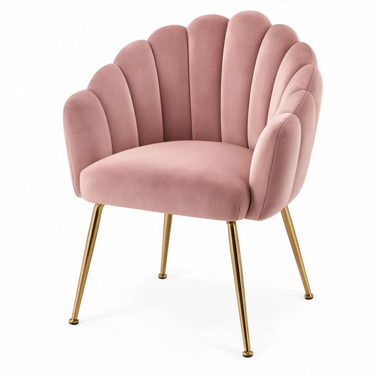 Pink Velvet Scalloped-Back Chair with Gold Steel Legs, 25.6 x 24.4 x 32.7 in