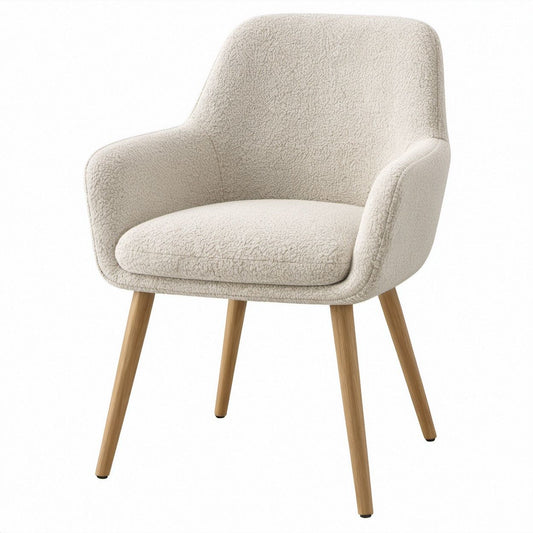 Ivory Boucle Upholstered Armchair with Natural Rubberwood Legs, 25.2 x 24.4 x 33.5 in