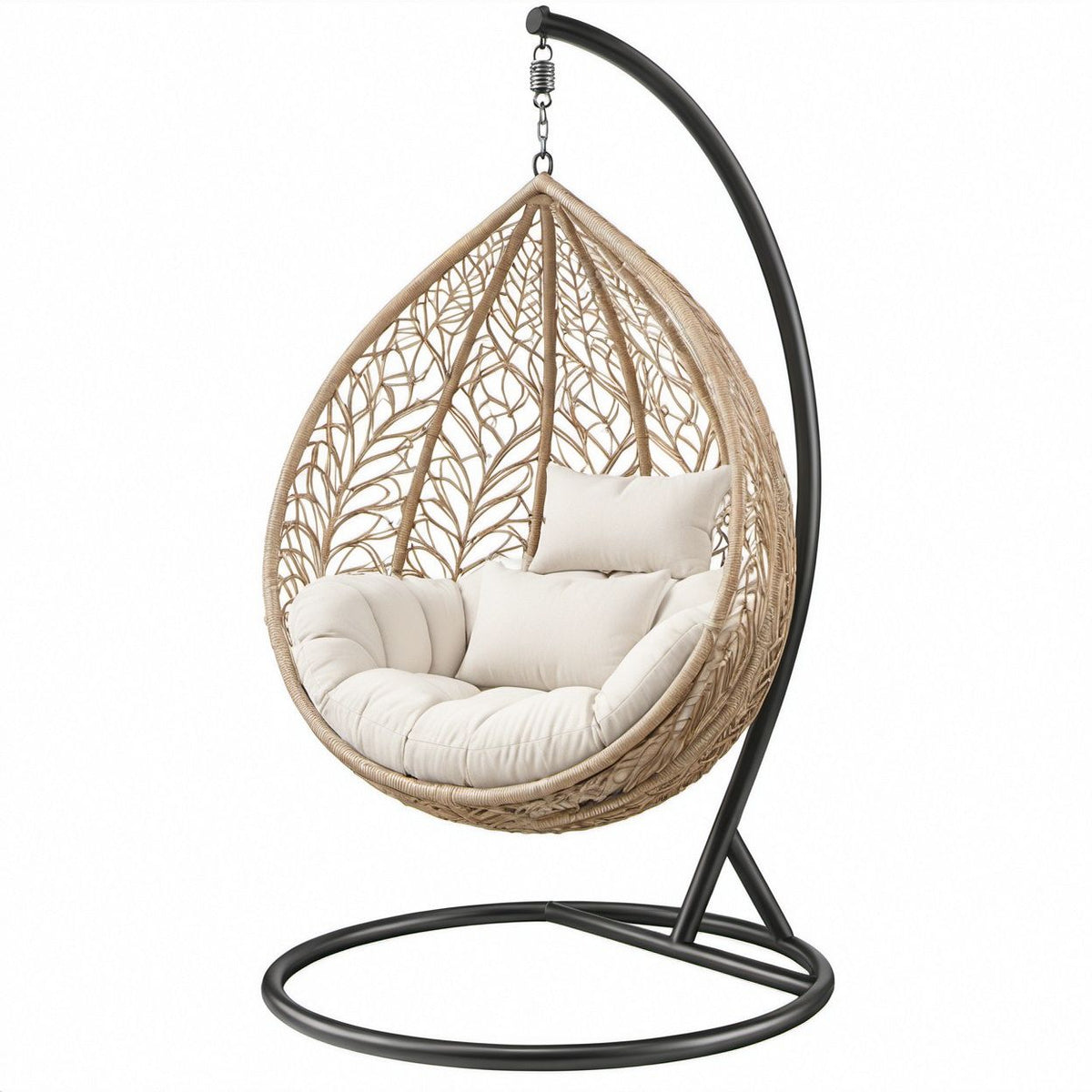 Beige PE Rattan Hanging Egg Chair with Black Steel Stand, 43.3 x 43.3 x 78.7 in