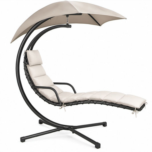 Outdoor Hanging Chaise Lounge with Canopy, Beige Polyester Cushions, Black Steel Frame, 78 x 43 x 78 in
