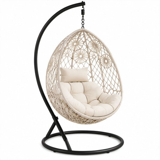 Cream PE Rattan Hanging Egg Chair with Black Steel Stand and Cushions, 43.3 x 43.3 x 77.2 in