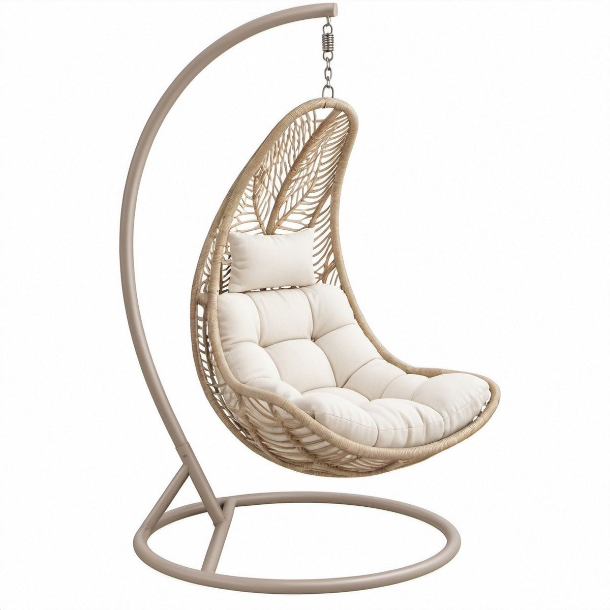 Beige and Cream Hanging Egg Chair with Stand, PE Rattan and Steel, 41 x 41 x 77 in