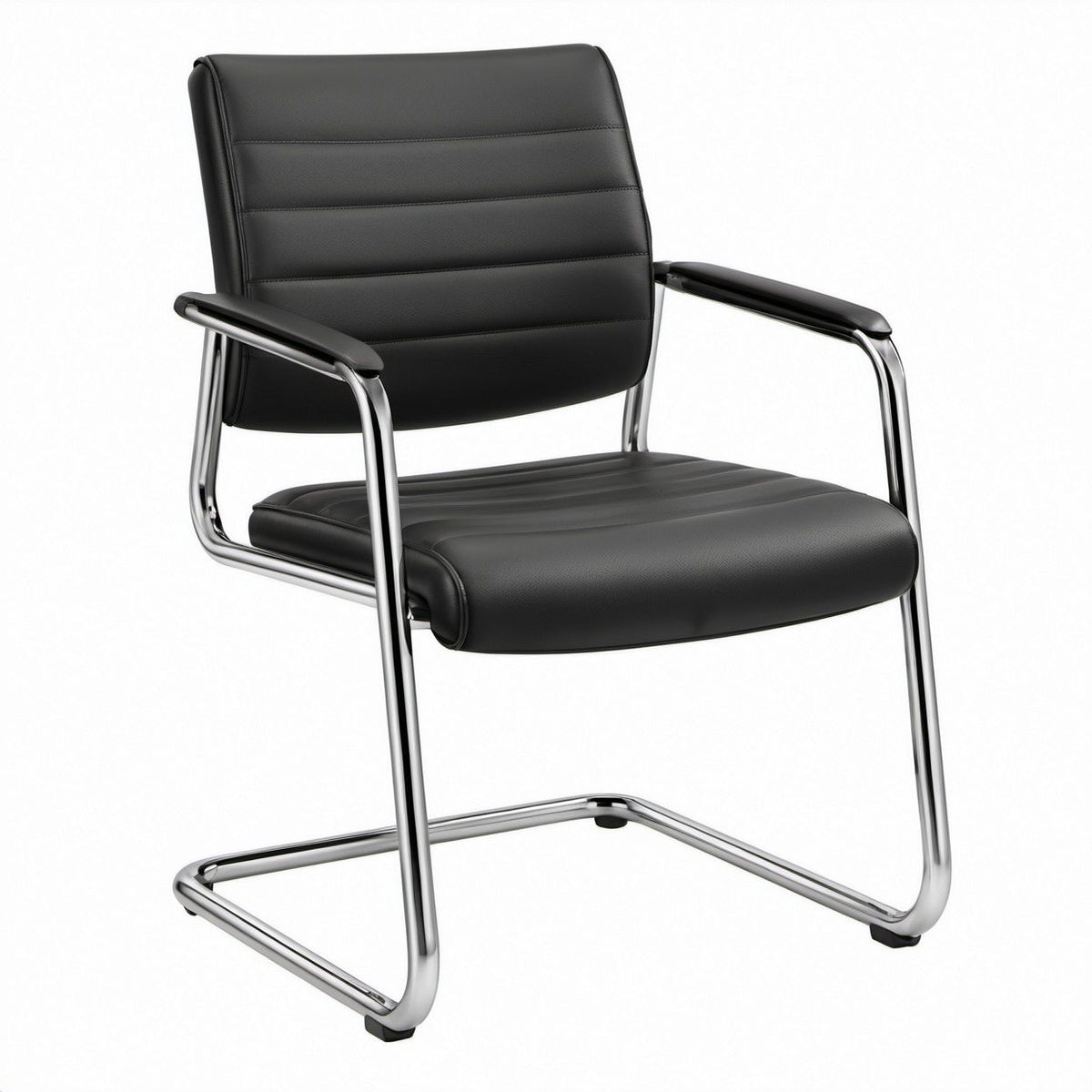 Black PU Leather Guest Chair with Arms, Chrome Steel Sled Base, 24 x 25 x 35.5 in