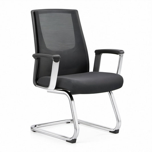 Black Mesh Guest Chair with Fixed Armrests and Chrome Steel Sled Base, 25.6 x 25.2 x 40.6 in