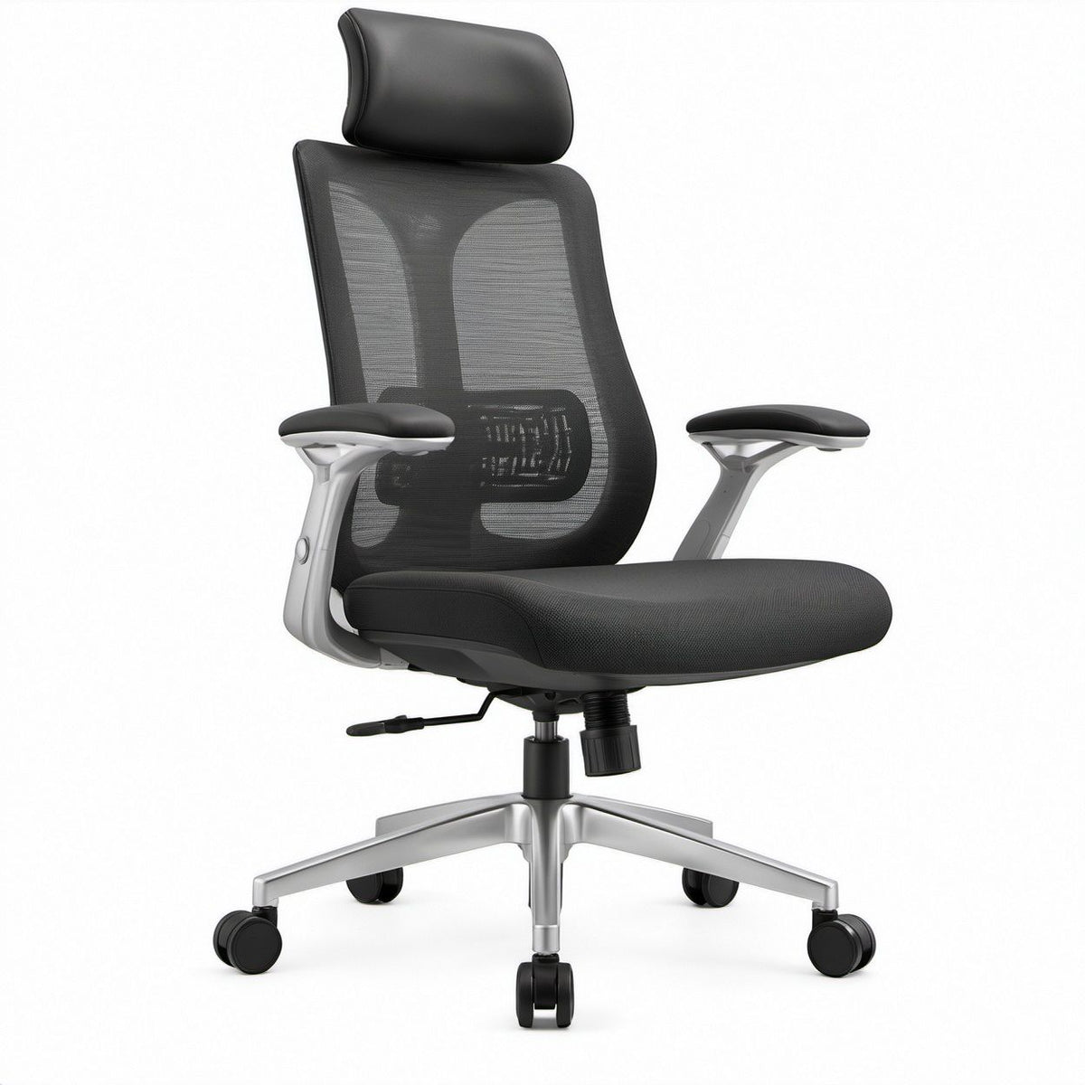 Black and Silver High-Back Mesh Ergonomic Chair with Headrest, 28 x 28 x 45-52 in