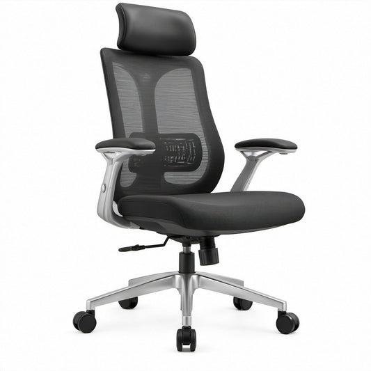 Black and Silver High-Back Mesh Ergonomic Chair with Headrest, 28 x 28 x 45-52 in