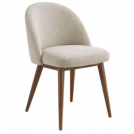 Beige Boucle Upholstered Dining Chair with Curved Back and Walnut Rubberwood Legs, 23 x 24 x 32 in