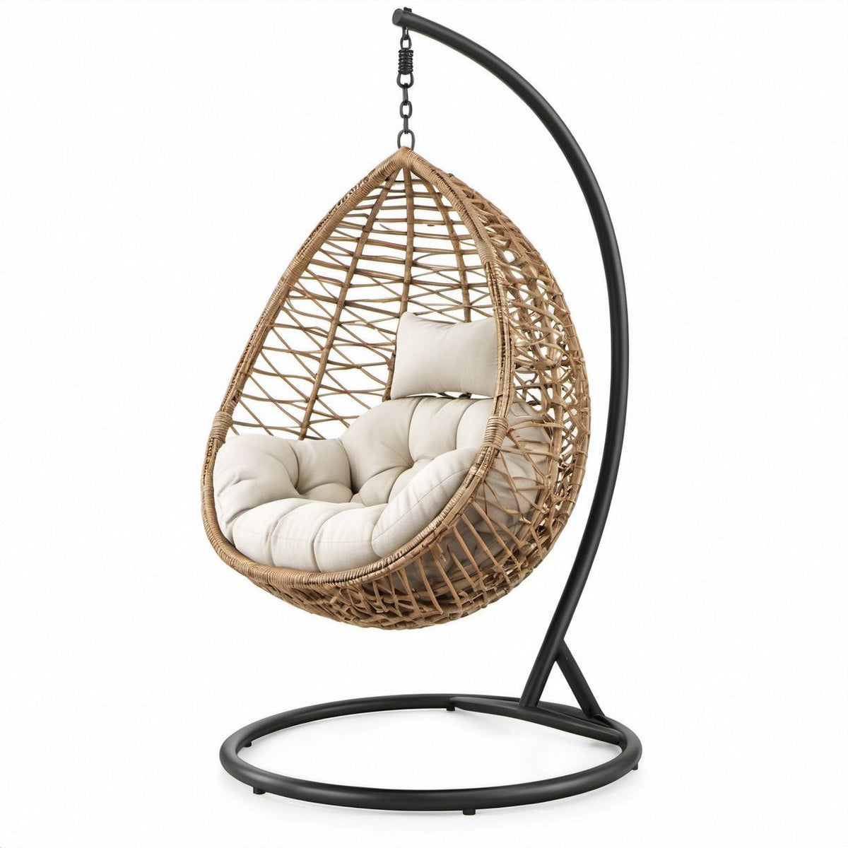 Beige PE Rattan Egg Hanging Chair with Cream Cushions and Black Steel Stand, 95 x 95 x 195 cm