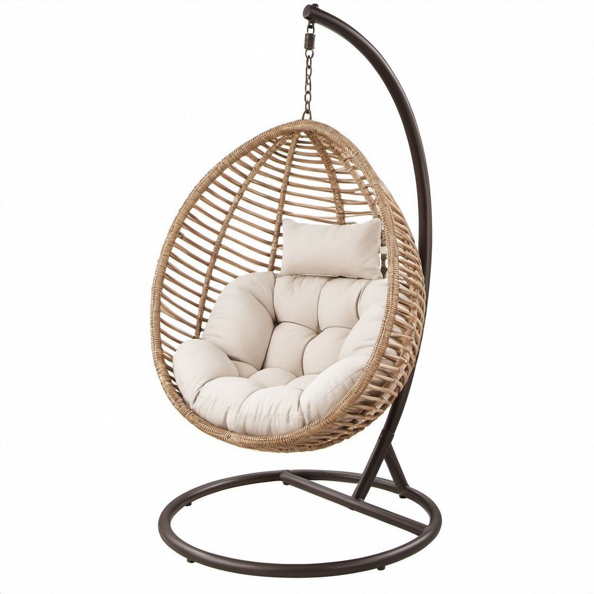 Beige PE Rattan Hanging Egg Chair with Dark Brown Steel Stand, 37.4 x 41.3 x 76.8 in