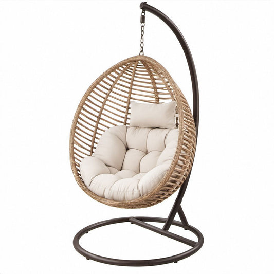 Beige PE Rattan Hanging Egg Chair with Dark Brown Steel Stand, 37.4 x 41.3 x 76.8 in