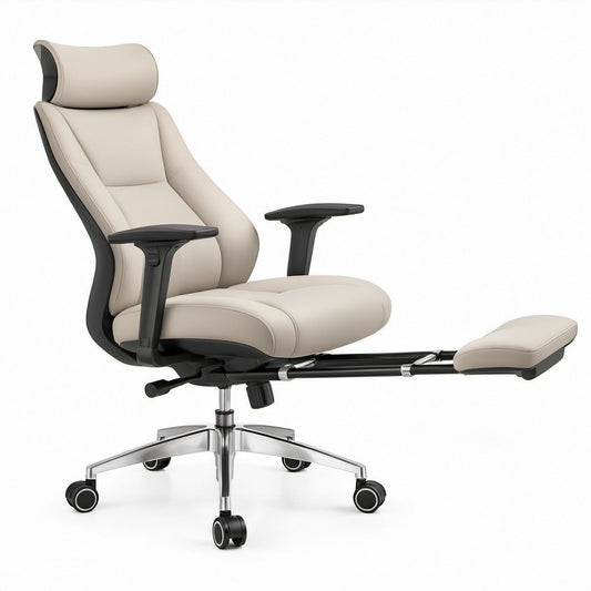 Beige High-Back Reclining Executive Chair with Footrest, 28.7 in W x 28.0 in D x 45.3-49.2 in H
