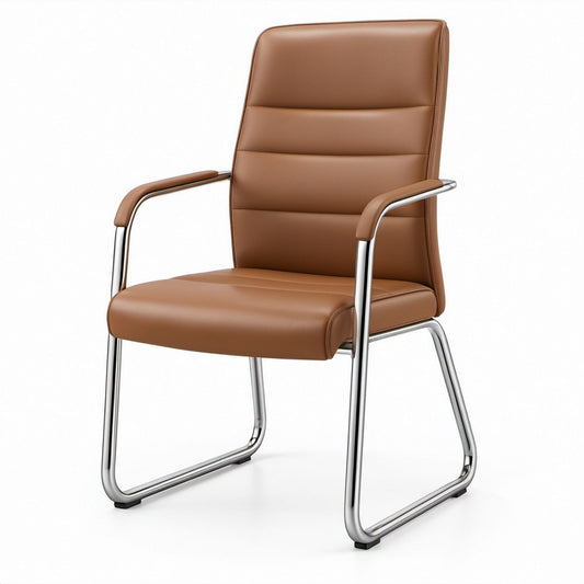 Brown PU Leather Executive Office Chair with Chrome Steel Sled Base, 24 x 25 x 42 in